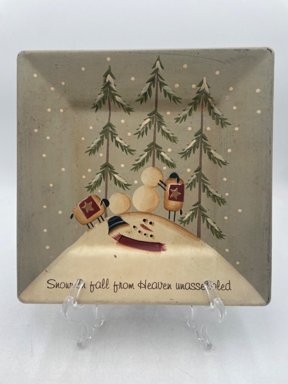 Hand-Painted Square Holiday Plate By Karen Schwarz Snowman & Trees Design